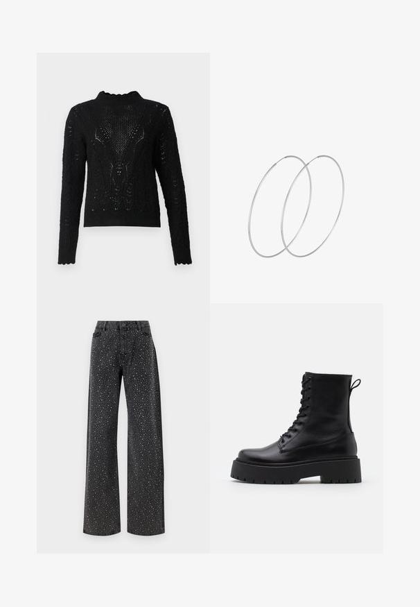 Zwarte, gebreide trui met een hoge halslijn, voorzien van een gestructureerd patroon en een gegolfde zoom. Lange mouwen met complexe details.; Noisy May NMJANNEL LOOSE - Relaxed fit jeans - black denim; Zwarte leren enkelboots met een ronde neus, vetersluiting aan de voorkant en een dikke rubberen zool met een gestructureerd profiel. Trekbandje aan de achterkant.; Zilveren hoepel oorbellen met een minimalistisch ontwerp. Cirkelvormig, gladde textuur en dun profiel. Lichtgewicht met een gepolijste afwerking.