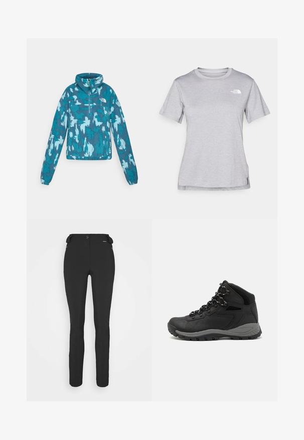 Teal pullover fleece jacket with a high collar and half zip, featuring a blue and white abstract pattern. Logo on left chest and sleeve.; Grey short-sleeve t-shirt made of soft, moisture-wicking fabric. Features a crew neck and a small white logo on the upper left.; Black, fitted pants made from a flexible material. Features include a zippered side pocket, articulated knees, and a smooth texture.; Black hiking boot with a mid-top design, featuring a textured upper, gray accents, and durable rubber sole with traction lugs.