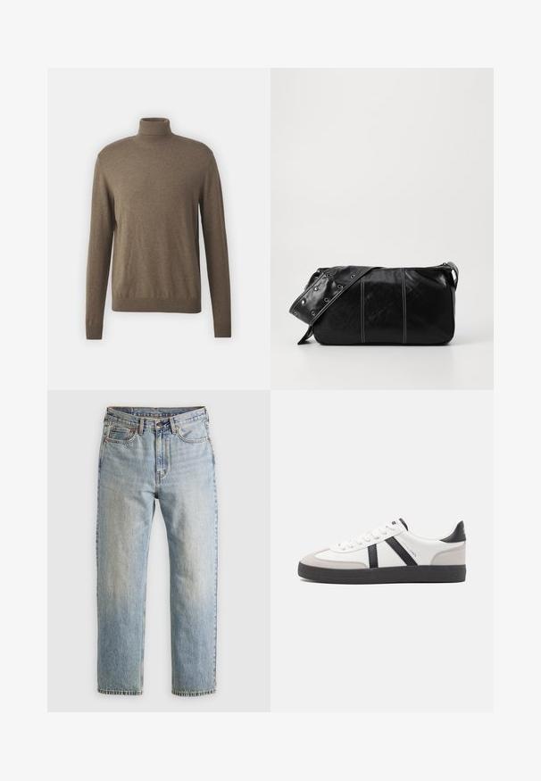 Ruskea korkeakauluksinen villapaita, joka on valmistettu pehmeästä materiaalista. Siinä on pitkät hihat, ribbaus kauluksessa ja helmassa, sekä sileä, tasainen rakenne.; Vaaleansininen farkut, joissa on korkea vyötärö, etunappi, vetoketju ja viisi taskua, asetettu tasaisesti neutraalille taustalle.; Valkoiset lenkkarit mustilla ja harmailla yksityiskohdilla, joissa on teksturoitu harmaa kärki, musta kumipohja ja litteät valkoiset nauhat. Siisti muotoilu, minimalistinen tyyli.; Mustakulmainen nahkainen olkalaukku, jossa on vetoketjukiinnitys, teksturoitu pinta, valkoiset ompeleet ja hihna, jossa on hopeiset niitit.