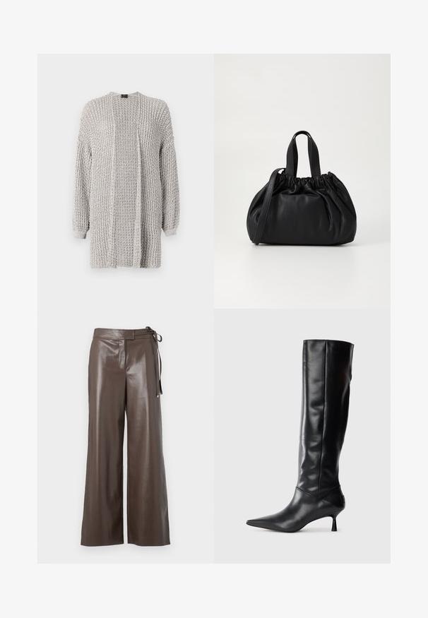 Otwarte dzianinowe kardigan w jasnoszarym kolorze, z długimi rękawami, luźnym krojem i teksturowaną tkaniną z plecionym wzorem.; Brązowe szerokie spodnie z imitacji skóry z wysokim stanem i szczegółem w postaci wiązania po boku na białym tle.; Czarne skórzane kozaki sięgające do kolana z ostrym noskiem i smukłym, zakrzywionym obcasem. Gładka tekstura, dopasowany krój i brak widocznych elementów ozdobnych lub wzorów.; Czarna skórzana torebka z zebranym wykończeniem, z dwoma krótkimi uchwytami i długim regulowanym paskiem. Gładka tekstura, zaokrąglony kształt.