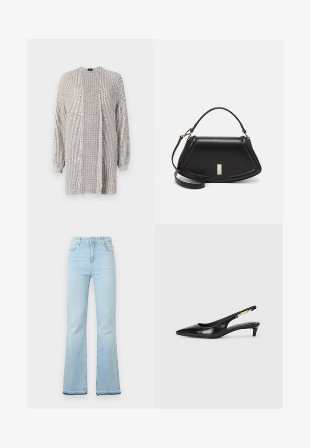 Atvērta priekša adīta kardigāna viegli pelēkā krāsā, ar garām piedurknēm, brīvu piegriezumu un teksturētu audumu ar austu rakstu.; Gai zilgani zvīles, kas izgatavotas no džinsa, ar augstu vidukli, priekšējām kabatām un neapstrādātu apakšmalu, nodrošinot ikdienišķu izskatu.; Melnas ādas slingback zābaki ar smailu purngalu, ar šauru papēdi un zelta krāsas akcentu uz regulējama siksniņas. Gluda tekstūra.; Melnas ādas roku soma ar struktūru, ar īsu formu, augšējo rokturi un zelta aksesuāriem. Iekļauta regulējama plecu siksna.
