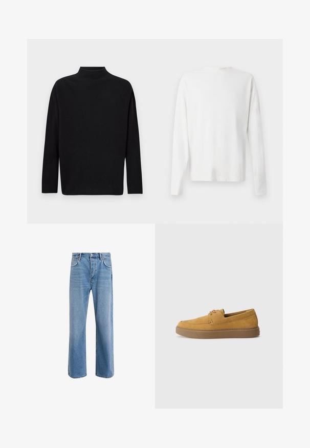 Svart høyhalset genser laget av mykt strikkemateriale, med lange ermer, avslappet passform og høy hals. Ingen synlige mønstre eller hardware.; Langermet hvit bomullsskjorte med rund hals, sidespalter nederst og en jevn tekstur, vist fra baksiden.; Lys blå denimjeans med rett ben-design, fem lommer, knappeåpning, minimal falming og kontrasterende sømdetaljer.; Brune suedepantofer med teksturert overflate, rund tå, og kontrasterende gummisåle. Har subtil merkevare ved hælen.