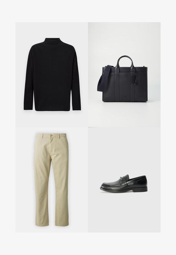 Black turtleneck sweater, made of soft knit material, featuring long sleeves, relaxed fit, and a high neckline. No visible patterns or hardware.; Beige cotton trousers with a straight-leg design, front button closure, and belt loops. Smooth texture, no visible patterns or accents.; Black leather loafers with a rounded toe, featuring a stitched design, a small front strap with hardware detailing, and a flat rubber sole.; Dark navy leather briefcase with dual top handles and a detachable strap. Features textured finish, vertical stitching, and logo detail.
