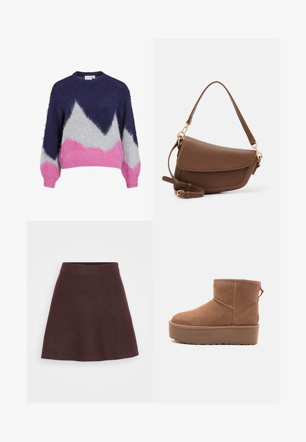 Camisola de malha em azul-marinho, cinza e rosa com um padrão geométrico de montanhas. Apresenta decote redondo e mangas compridas ligeiramente bufantes.; Saia de malha burgundy com um design evasé, cintura larga e textura suave, apresentando uma cor sólida sem padrões ou detalhes.; Bota ankle em suede bege com sola plataforma, ponta arredondada e acabamentos de costura; conta com uma alça na parte de trás para facilitar o calçar.; Saco de ombro em couro castanho com um acabamento texturizado, forma curva, metal dourado, alça ajustável e fecho com aba.