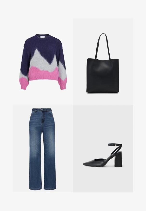 Gestrickter Pullover in Marineblau, Grau und Pink mit einem geometrischen Bergmuster. Verfügt über einen runden Ausschnitt und lange, leicht gepuffte Ärmel.; Weite blaue Denim-Jeans mit hoher Taille, zwei Metall-Schnallen, subtilen Verwaschungen und dem klassischen Fünf-Taschen-Design.; Schwarze Leder-Pumps mit spitzer Zehe, einem Knöchelriemen und einem blockigen Absatz. Flache Textur, elegantes Design und minimalistische Ästhetik.; Schwarze Laptoptasche aus Leder mit glatter Textur, rechteckiger Form und zwei langen Griffen. Keine sichtbaren Beschläge oder Verzierungen.