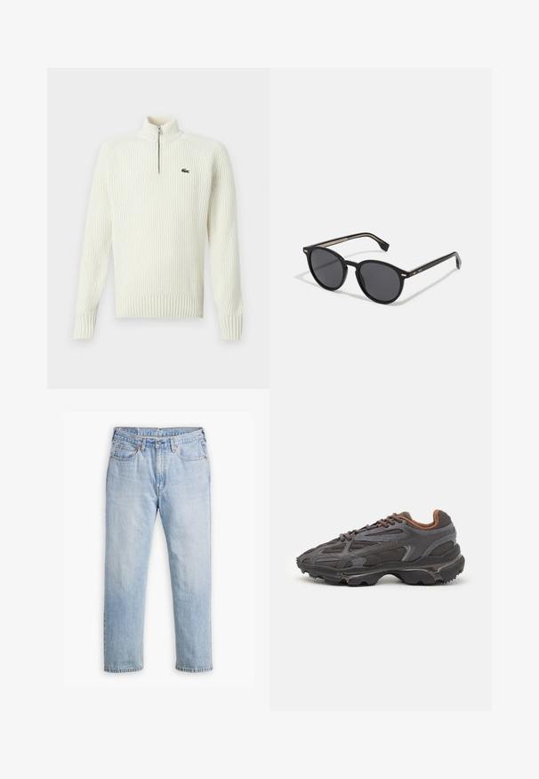 Kremfarget strikket zip-up genser med ribbestruktur, høy krage og en liten grønn logo på venstre bryst. Lange ermer og tettsittende søm.; Lyseblå denimjeans med rett ben-design, fem-lommers stil og kontrastsøm. Knappe- og glidelåslukking i livet.; Lacoste-sneakers i mørkegrått med mesh- og syntetisk materiale, med en teksturert såle og brune detaljer på kragen og merket.; BOSS Solbriller - black