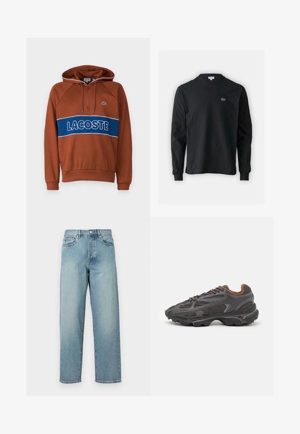 Hanorac maro cu guler cu fermoar, bandă albastră în contrast cu textul "LACOSTE", manșete ribbate și un logo mic pe piept.; Tricou negru cu mânecă lungă, realizat din bumbac, cu un guler rotund și un mic logo brodat cu un crocodil verde pe partea stângă a pieptului.; Blugi din denim de un albastru deschis, cu o croială lejeră, picioare drepti, design cu cinci buzunare și închidere cu nasture la talie. Detaliu de cusătură minimalist.; Adidași Lacoste de culoare gri închis, din material mesh și sintetic, cu o talpă texturată și accente maronii pe guler și branding.