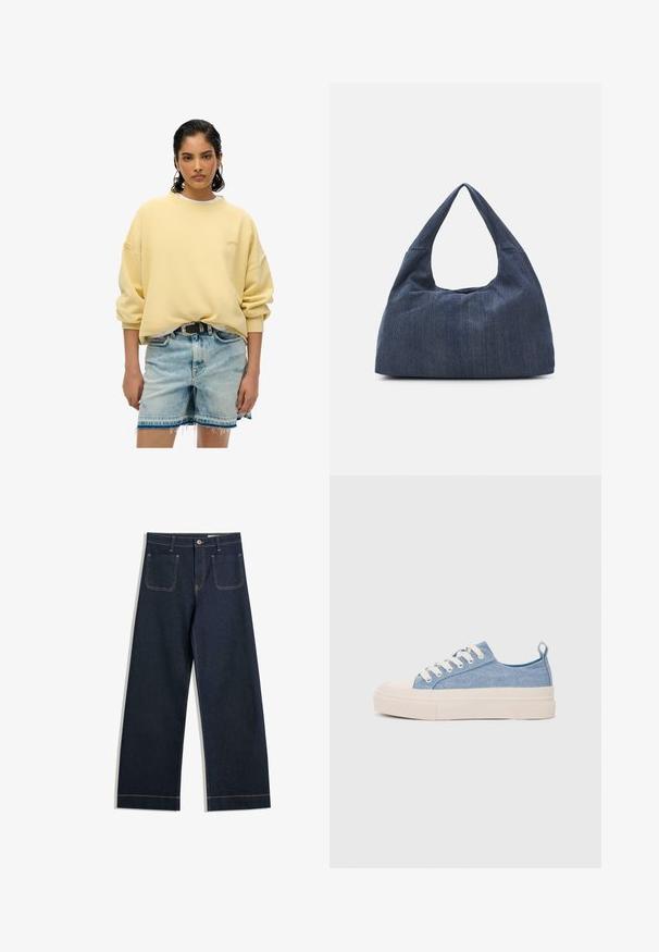 Superdry & Co ESSENTIAL LOGO CREW - Felpa - straw yellow; Jeans a gamba larga blu scuro realizzati in denim con cuciture contrastanti color caramello, due tasche posteriori e chiusura con bottone in vita.; Sneakers di tela blu chiaro con punta e suola in gomma crema, dotati di lacci bianchi e un cinturino sul tallone.; Borsa in denim blu scuro con una forma morbida e flessibile, caratterizzata da un manico in stile hobo e una superficie testurizzata. Senza accenti hardware visibili.