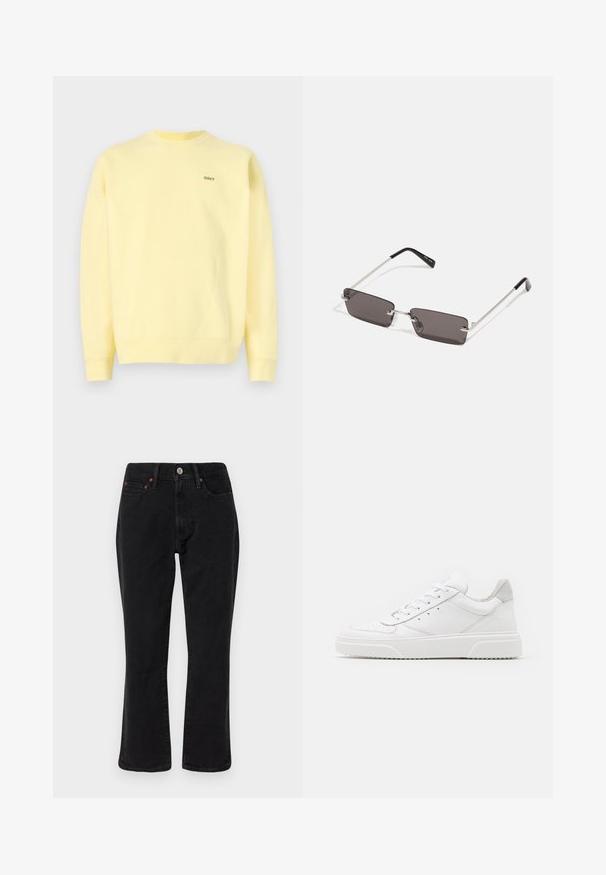Gul sweatshirt av bomull med rund hals och ribbade muddar. Litet grönt logotyp på vänster bröst. Mjuk, slät textur.; Vit bomulls t-shirt med kort ärm, rund halsringning och en röd grafisk text "DELICIOUS REFRESHING FRUIT" på framsidan.; Svarta denimjeans med rak benform, femfickorsdesign och metallbeslag med kopparaccenter. Mjuk textur och medelhög midja.; Vita lädersneakers med en slät yta, rund tå, platta snören och en texturerad sula. Grå mockadetalj vid hälen.; Solsken med rektangulära, mörkgrå linser, silverfärgade metallramar och svarta plastspetsar på bågarna. Lättviktsdesign med näskuddar.