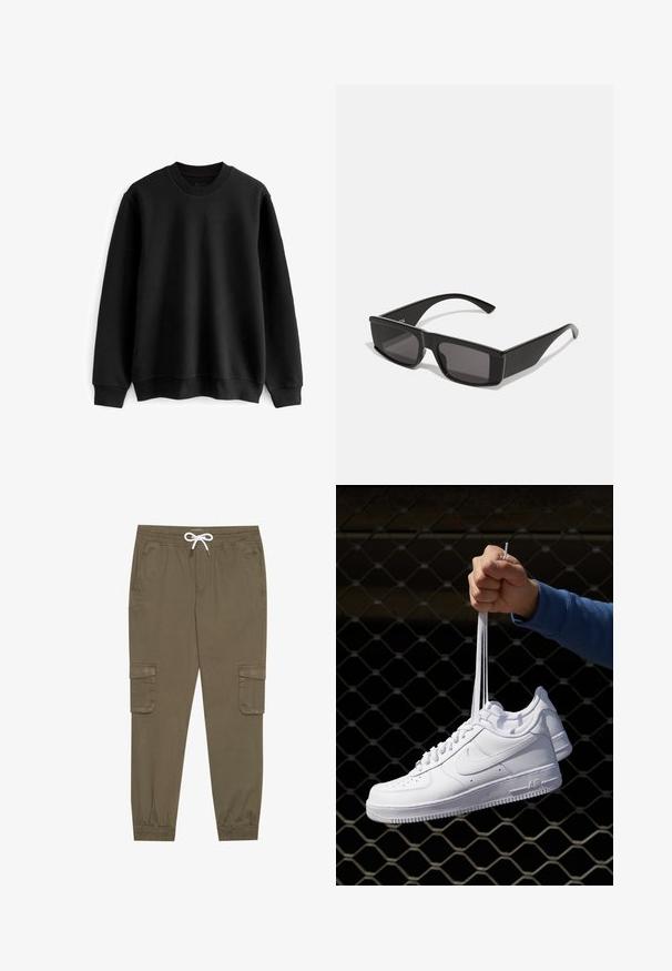 Next TEXTURE CREW - Felpa - black; Pantaloni cargo khaki con elastico in vita e cordino, dotati di tasche laterali e caviglie cuffiate. Realizzati in un materiale leggero e testurizzato.; Sneakers in pelle bianca con perforazioni, punta rotonda, suola piatta e lacci spessi, con logo swoosh visibile e "AIR" sul tallone.; Occhiali da sole neri con montatura rettangolare e lenti scure. Realizzati in plastica lucida, presentano un design angolare e tempietti sottili.