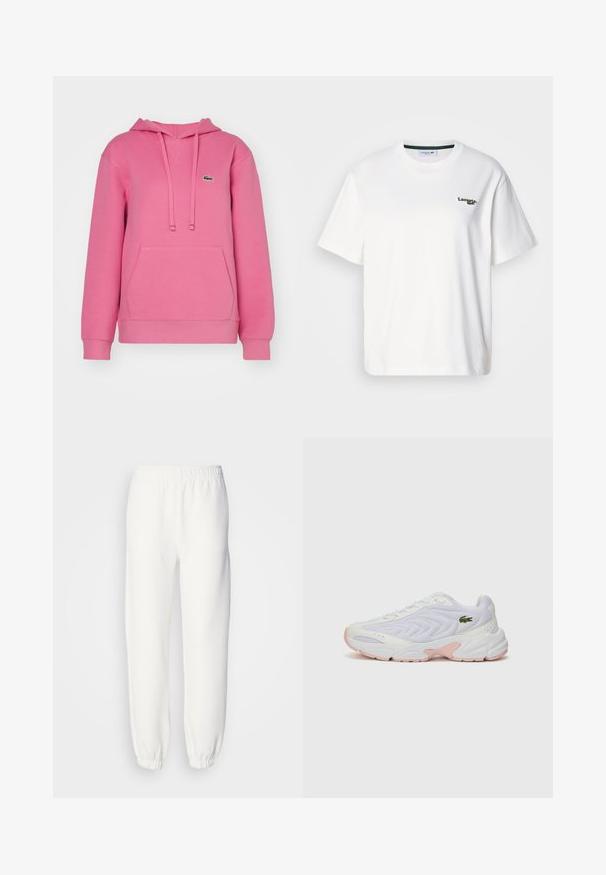 Sweat à capuche en coton rose avec une poche avant, cordon de serrage à la capuche, poignets côtelés et logo vert brodé sur la poitrine gauche.; T-shirt en coton blanc à coupe décontractée, avec un logo brodé vert sur la poitrine gauche et un col rond. Texture lisse.; Pantalon de survêtement blanc en tissu tricoté doux. La taille et les poignets élastiques assurent une coupe décontractée. Design minimaliste, sans motifs ni accents visibles.; Baskets blanches de sport avec une tige en mesh texturé, de subtiles accents roses sur la semelle et un logo de crocodile vert sur le côté.