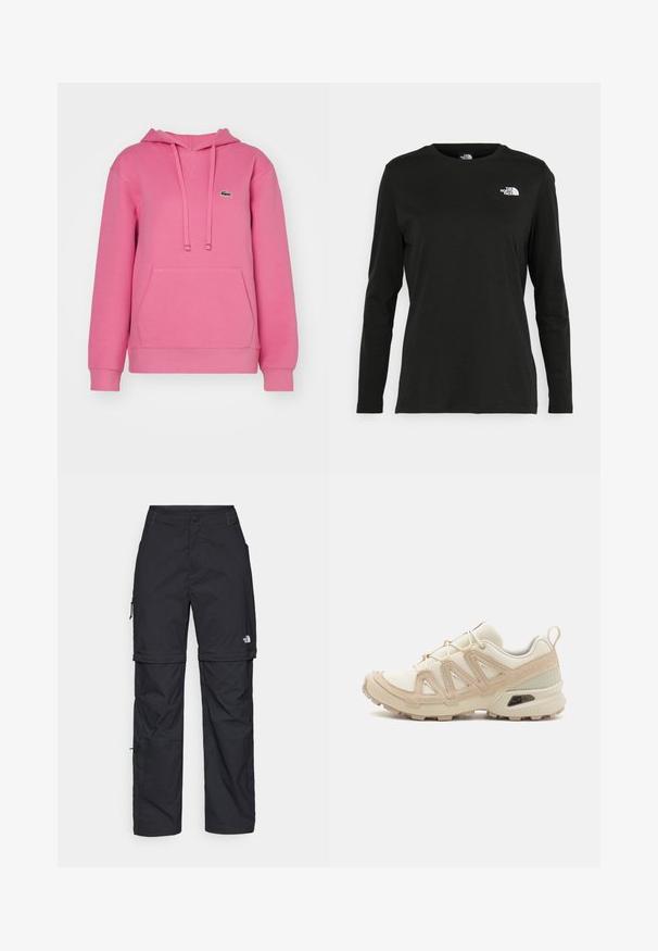 Rozā kokvilnas kapuca ar priekšējo kabatu, mežģīnes kapuci, ribotu roku piedurknēm un izsistām zaļām emblēmām kreisajā krūtī.; Melnas garām piedurknēm T-krekls, izgatavots no kokvilnas ar apaļu kaklu. Tam ir mazs balts logo kreisajā krūtīs. Vienkāršs dizains un piegulums.; Melni nailona bikses ar noņemamām kājām, regulējamiem uzmavām, vairākām kabatām un logotipu uz labās kājas. Gluda, viegla tekstūra.; Beige un krēma sporta apavi ar strukturētu tīkla virsmu, atbalstošajiem slāņiem un gumijas zoli ar protektoru rakstu, kas nodrošina saķeri.