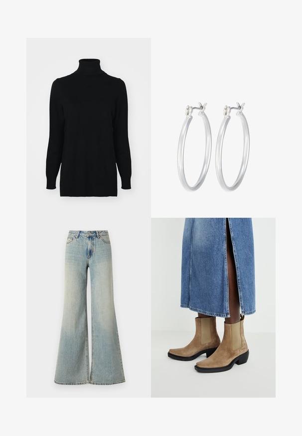 Schwarzer Rollkragenpullover aus weichem Strickstoff. Verfügt über lange Ärmel sowie einen gerippten Kragen und Bündchen, die eine enganliegende Passform und eine glatte Textur bieten.; Helle blaue weit geschnittene Jeans mit hoher Taille, die einen verblassten Look, Gesäßtaschen und einen subtilen Schlitz am unteren Ende der Beine aufweisen.; Wildleder-Stiefeletten in Tan mit elastischen Seitenpanelen und einem schwarzen Blockabsatz. Getragen mit einem hellblauen Denim-Rock mit seitlichem Schlitz.; Silberne Creolen mit einer glatten, polierten Oberfläche. Runder Form und sicherem Klickverschluss. Leichtes Design, geeignet für den täglichen Gebrauch.