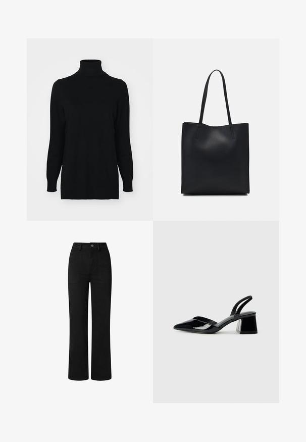 Pulover negru cu guler rasucit, fabricat dintr-o tesatura tricotata moale. Are maneci lungi si guler si mansete cu dungi, oferind o potrivire stransa si o textura neteda.; Pantaloni negri, cu talie înaltă, cu un design drept, fabricati dintr-un material de bumbac neted. Caracteristici: buzunare frontale și un închidere simplă cu nasture metalic.; Pantofi cu toc slingback din piele lacuită neagră, cu vârf ascuțit și toc geometric. Prezintă un design elegant, minimalist și o textură netedă.; Geantă tote neagră din piele, cu textură netedă, formă rectangulară și două mânere lungi. Fără hardware vizibil sau ornamente.