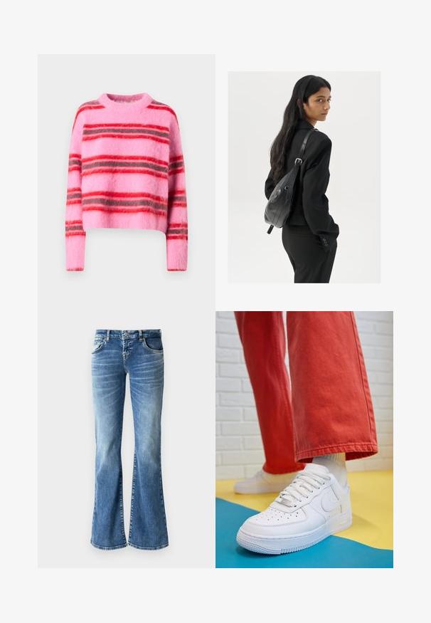 JJXX JXCALISTA CREW NECK - Πουλόβερ - moonlite mauve; Ανοιχτό μπλε τζιν με φαρδιά γραμμή και ξεθωριασμένο φινίρισμα, πέντε τσέπες, ραμμένες λεπτομέρειες και κλείσιμο με φερμουάρ και κουμπί.; Λευκό δερμάτινο αθλητικό Παπούτσι με τρύπες στην μύτη, υφασμάτινη σόλα και λευκές κορδόνι, συνδυασμένο με φαρδιά κόκκινα παντελόνια και μπλε-κίτρινο φόντο.; Γυναίκα με μακριά μαύρα μαλλιά, ντυμένη με μαύρο κοστούμι, κρατώντας μια μαύρη δερμάτινη τσάντα ώμου, κοιτάζοντας πίσω στον φακό, σε λευκό φόντο.; Χρυσά σκουλαρίκια κρίκοι με ομαλή, γυαλιστερή επιφάνεια. Κυκλικός σχεδιασμός που διαθέτει μια μικρή βάση και διαφανή στήριξη για ασφαλή χρήση.