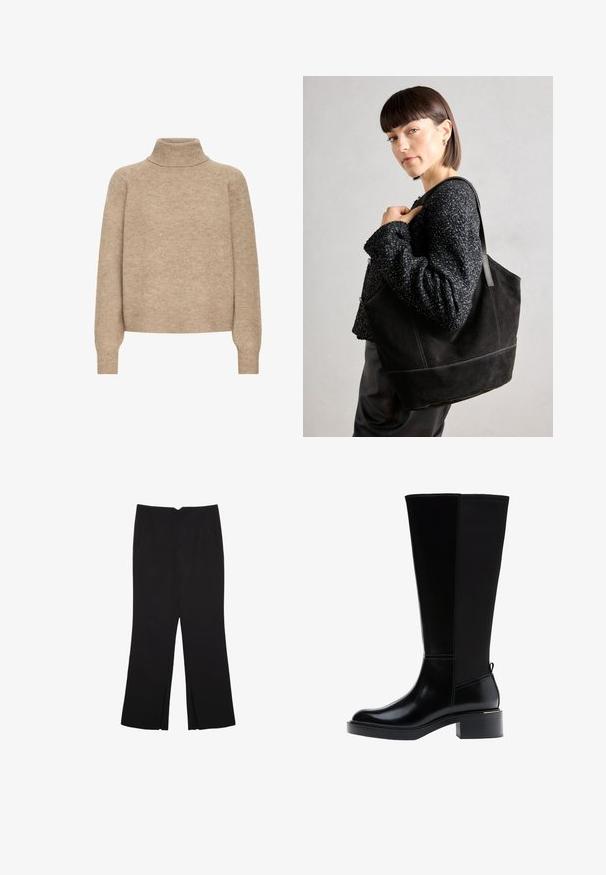 Beige Rollkragenpullover aus weichem Strickstoff. Mit Raglansäulen, geripptem Kragen und Bündchen sowie einer lockeren Passform.; Schwarze Hose mit geradem Schnitt, ausgestattet mit Fronttaschen und Seitenschlitzen am Saum. Hergestellt aus weichem, glattem Stoff. Geeignet für verschiedene Anlässe.; Schwarzer kniehoher Stiefel aus glattem Leder, mit markanten Nähten, klobigem Absatz und einer strukturierten Rückseite für zusätzlichen Akzent.; Schwarze Wildleder-Tote-Tasche mit glatter Textur, strukturiertem Design und kontrastierenden Nähten. Verfügt über lange Träger zum Tragen über der Schulter.