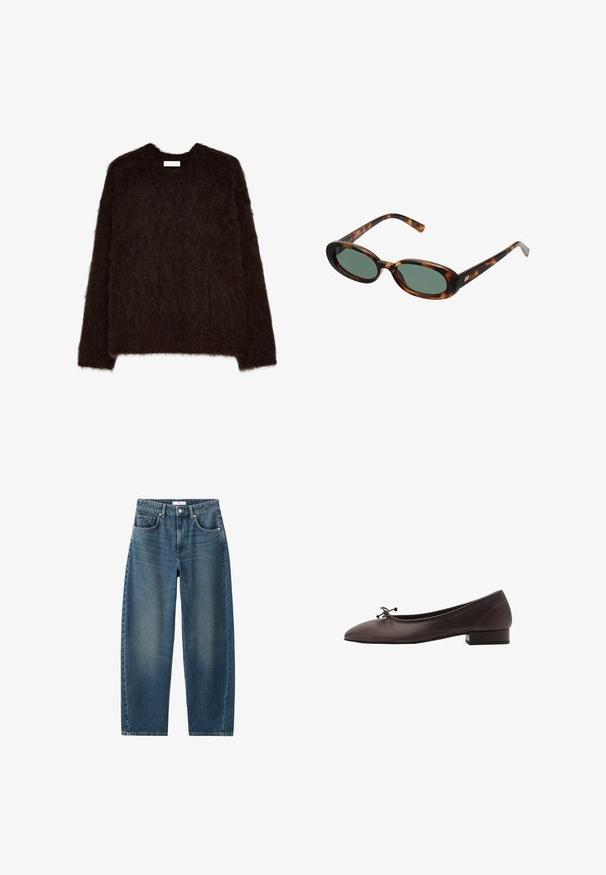 Donkerbruin fuzzy trui met een ronde hals en lange mouwen, gemaakt van een gestructureerd, zacht materiaal met een loose fit en een minimalistisch ontwerp.; Mouwloze witte jurk met een ronde halslijn en een asymmetrische zoom die aan de ene kant tot een punt hangt.; Donkerblauwe denim jeans met een rechte pijp, vijf-pocket ontwerp en een klassieke knoopsluiting. Zachte textuur met subtiele vervaging.; Bruine leren balletschoen met een ronde neus en een kleine blokhak. Kenmerkt zich door een dunne strik aan de voorkant en subtiele stikdetails.; schildpadbril met ovale monturen en groene lenzen. Heeft dunne spijlen met een metalen accent nabij de scharnieren.; Geweven gele handtas met een gebogen handvat aan de bovenkant en een ongestructureerde vorm. Het gestructureerde oppervlak heeft een kruissteekpatroon over de hele tas.