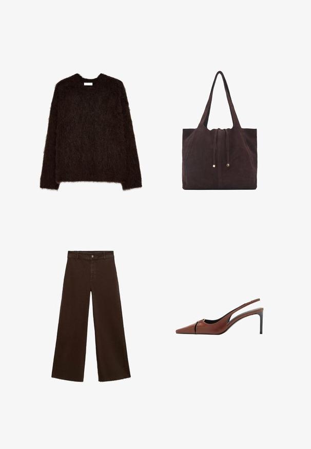 Mörkbrun, fluffig tröja med rundad halsringning och långa ärmar, gjord av ett strukturerat, mjukt material med en lös passform och minimalistisk design.; Bruna breda byxor i bomullsblandning med fransar vid fållen, framknäppning och klassisk femfickdesign. Minimalistiska och mångsidiga.; Brun läder slingbackklack med spetsig tå, utskärning vid framv delen och en elegant stilettklack. Slät yta.; Mango Shoppingväska - dark brown