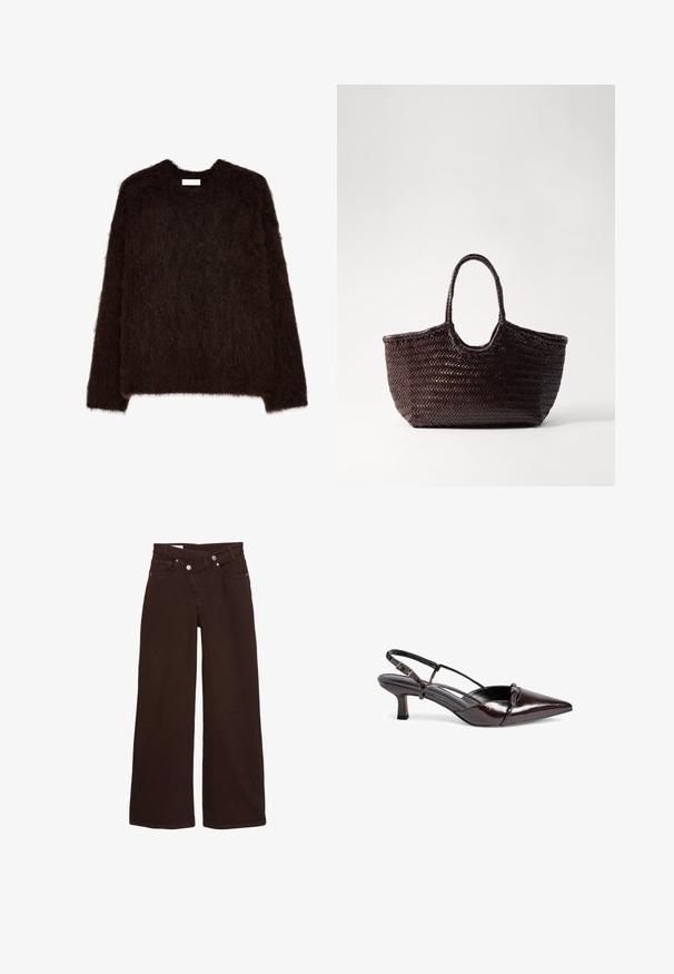 Donkerbruin fuzzy trui met een ronde hals en lange mouwen, gemaakt van een gestructureerd, zacht materiaal met een loose fit en een minimalistisch ontwerp.; Bruine wijde jeans met hoge taille, rits aan de voorkant en knoopsluiting, met voor- en achterzakken.; Bruine gepatineerde leren slingback pump met een spitse neus, kleine blokhak, kruisbandontwerp en decoratieve strikdetail aan de voorkant.; Geweven bruin tote bag met een afgeronde bovenkant en twee handvatten. Heeft een gestructureerd patroon met een brede, open constructie voor gemakkelijke toegang.