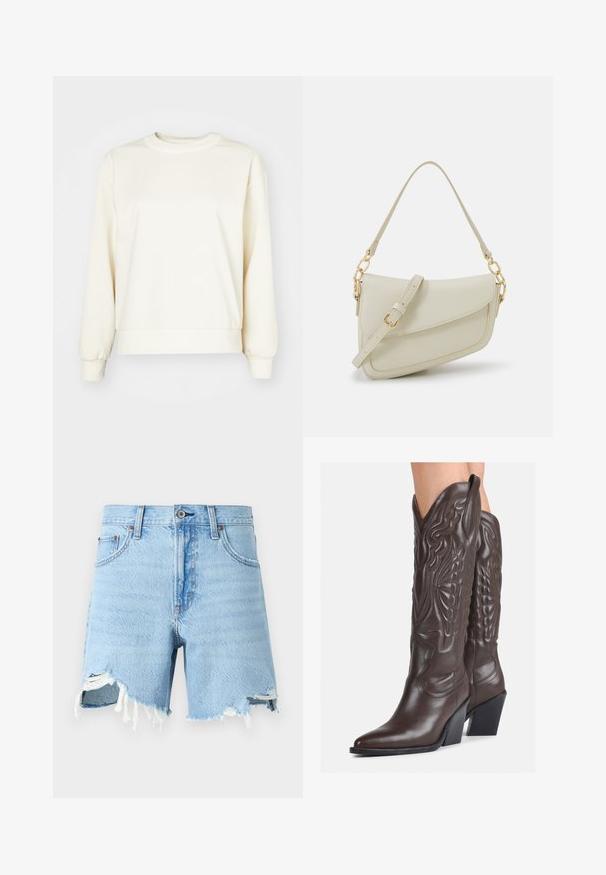 Kremeni dukserica napravljena od mekanog materijala, s dugim rukavima, zaobljenim izrezom i rebrastim donjim dijelom i manžetama. Glatka tekstura, minimalistički dizajn.; Bijela majica bez rukava napravljena od rebraste tkanine, s okruglim izrezom i uklapajućim siluetom, s minimalnim šavovima i bez ukrasa.; Svijetloplave traper šorts hlače s klasičnim dizajnom od pet džepova, izrezanim rubom i pohabanim detaljima sprijeda.; Smeđe kožne kauboj čizme s šiljastim vrhom i blok-potpeticom, s detaljno izvezenim šavovima i uzdignutim naglascima na okovu.; Mala krem torbica s teksturiranim finišom, dugačkim podesivim remenom, lančanim detaljem i preklopom. Zlaćani hardver.