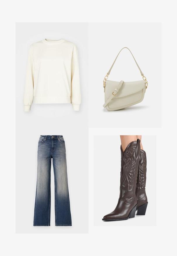 Cremefarbener Sweatshirt aus weichem Stoff, mit langen Ärmeln, rundem Ausschnitt und geripptem Saum und Bündchen. Glatte Textur, minimalistisches Design.; Weißes ärmelloses Tanktop aus geripptem Stoff, mit rundem Ausschnitt und figurbetonter Silhouette, minimalen Nähten und ohne Verzierungen.; Hochtaillierte, weit geschnittene Jeans in hellblau bis dunkelblauem Denim mit Ausbleichungen, ausgestattet mit einem Knopfverschluss und Gürtelschlaufen. Sauberer Saum und keine sichtbaren Verzierungen.; Braune Leder-Cowboy-Stiefel mit spitzem Punkt und Blockabsatz, die über detaillierte Stickereien und hervorgehobene Akzente am Schaft verfügen.; Kleine cremefarbene Handtasche mit strukturiertem Finish, einem langen verstellbaren Tragegurt, einem Kettenakzent und einem Klappenverschluss. Goldene Hardware-Details.