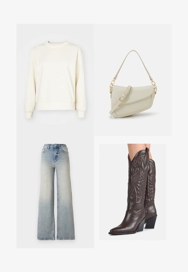 Krémová mikina vyrobená z měkké tkaniny, s dlouhými rukávy, zaobleným výstřihem a žebrovaným lemem a manžetami. Hladký povrch, minimalistický design.; Světle modré široké džínsy vyrobené z denimu, s vysokým pasem, pěti kapsami a viditelným švem podél švů.; Hnědé kožené kovbojské boty s špičatou špičkou a blokovým podpatkem, se zdobným prošíváním a vyvýšenými akcenty na nárazu.; Malá krémová kabelka s texturovaným povrchem, dlouhým nastavitelným popruhem, řetízkovým akcentem a klopou. Ozdobné detaily zlaté barvy.; Zlaté kruhové náušnice, tenké a kulaté, s hladkým kovovým povrchem a bez zdobení či vzorů.