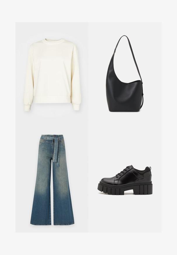 Krēmkrāsas džemperis, kas izgatavots no mīksta auduma, piedāvā garās piedurknes, apaļu dekoltē un ribotām piedurknēm un apakšmalai. Gluda tekstūra, minimāls dizains.; Platām kājām džinsu bikses ar gaismas līdz tumši zilam gradientam, augstu jostas līniju, jostas cilpām un atbilstošu auduma jostu. Tekstūrēts džinsas apdare.; Melnas ādas platformas kurpes ar masīvu bloku papēdi, apaļu purngalu un tradicionālu saistīšanas dizainu. Izceļas ar gludu tekstūru un minimālu apdari.; Melnas ādas hobo soma ar gludu tekstūru, izliekta forma un vienu regulējamu jostu; augšā ir plaša atvere.