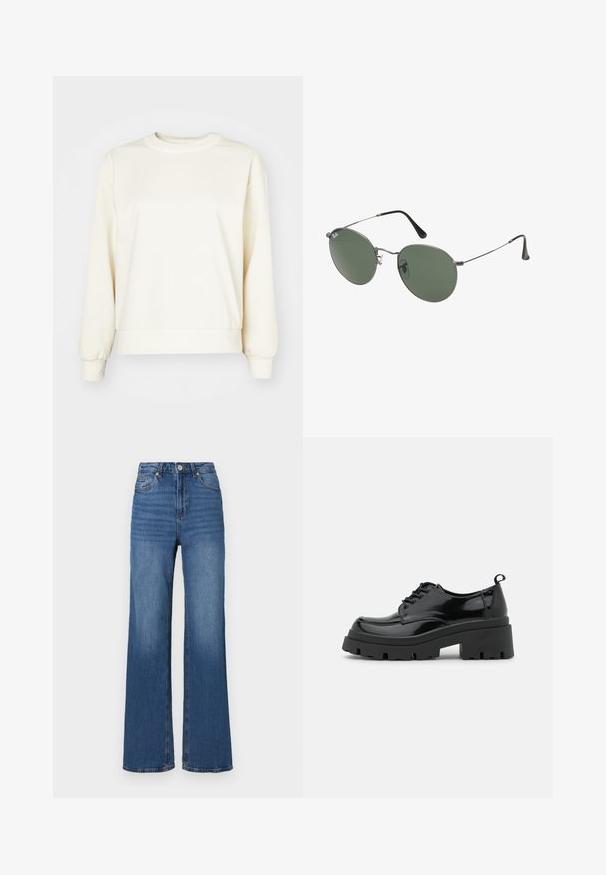 Kremfarget genser laget av mykt stoff, med lange ermer, rund hals og ribbestrikket hem og mansjetter. Jevn tekstur, minimalistisk design.; Høyt liv, vide ben blå jeans laget av denim, med en klassisk fem-lomme design og subtile falminger langs bena.; Sorte lakk lær sko med en kraftig plattformsåle og tykke snører. Avrundet tå, minimal detaljering, og en liten hæltab bak.; Metallinnrammede solbriller med ovale grønne linser. Tynn sølvfarget metallramme og svarte øreplugger. Minimalistisk design, ingen synlige logoer.