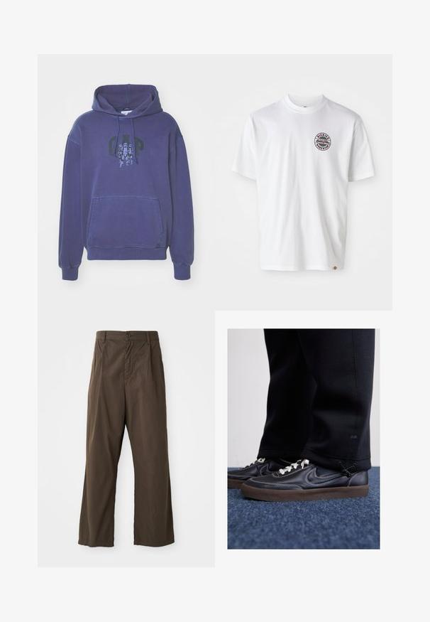 GAP Felpa con cappuccio - dark blue; T-shirt bianca in cotone con un logo rotondo sul petto. Collo crew, maniche corte, vestibilità rilassata, con accenti rossi e neri.; Pantaloni marroni a gamba larga in cotone con chiusura anteriore a bottoni, passanti per la cintura e una superficie liscia e opaca.; Nike Sportswear KILLSHOT 2 LTR PRM OPP2 - Sneakers basse - black sail baroque brown mtlc dk grey