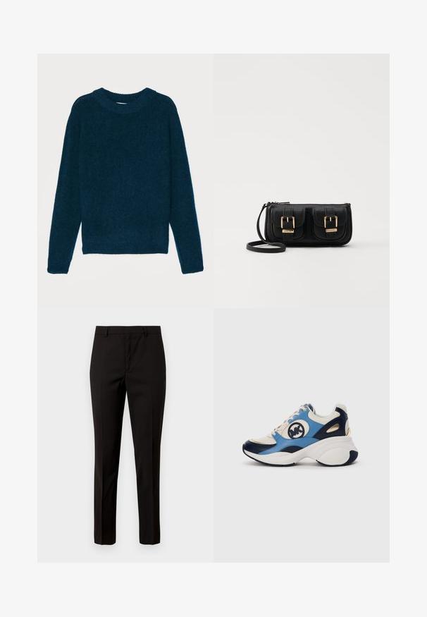 Tiger of Sweden GWYNN - Strikkegenser - petrol green; Sorte skreddersydde bukser med rette ben, laget av glatt stoff, med flat front og beltehemper. Ingen synlige mønstre eller detaljer.; Hvit, marineblå og lyseblå semsket sneakers med tykk såle og sirkulært brodert logo på siden.; Svart skinn crossbody veske med to frontlommer, gyldne spenner, glidelåslukking og en slank stropp. Teksturert overflate og kompakt rektangulær form.