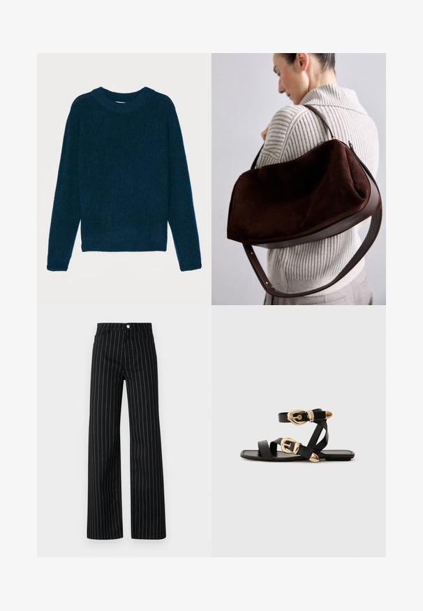 Tiger of Sweden GWYNN - Pullover - petrol green; Pantalon noir à jambes larges avec des rayures verticales bleu, présentant un design classique à cinq poches et une fermeture à bouton à l'avant.; Sandales en cuir noir avec des accents de boucles dorées, présentant plusieurs brides et un design de semelle plate pour un port ouvert.; Sac hobo en suède marron avec une bandoulière en cuir courbée, doté d'une fermeture éclair et d'une finition lisse. Le sac a une forme spacieuse et structurée.