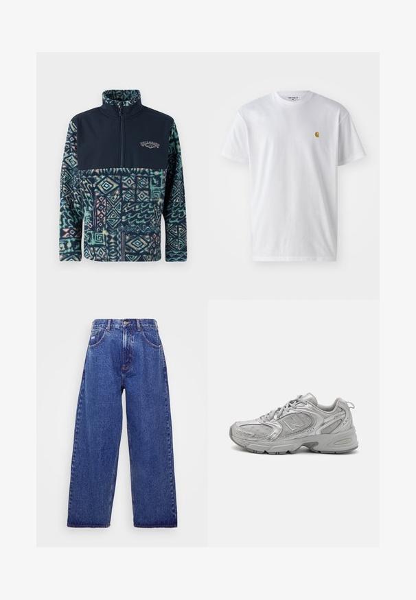 Fleecegenser med en marineblå overdel og mønstret underdel i nyanser av grønn, blå og rosa, med glidelås og logo-detalj.; Hvit bomull t-skjorte med korte ermer, rund hals, med en liten gulllogo på venstre brystområde. Myk tekstur og vanlig passform.; Videben, blå denimjeans med høy midje, med fem lommer, knappelukking og subtile falmønstre for tekstur.; Sølv idrettssko med et strømlinjeformet design, mesh-paneler, polstret tunge, strukturert syntetisk overdel og gummisåle for godt grep.