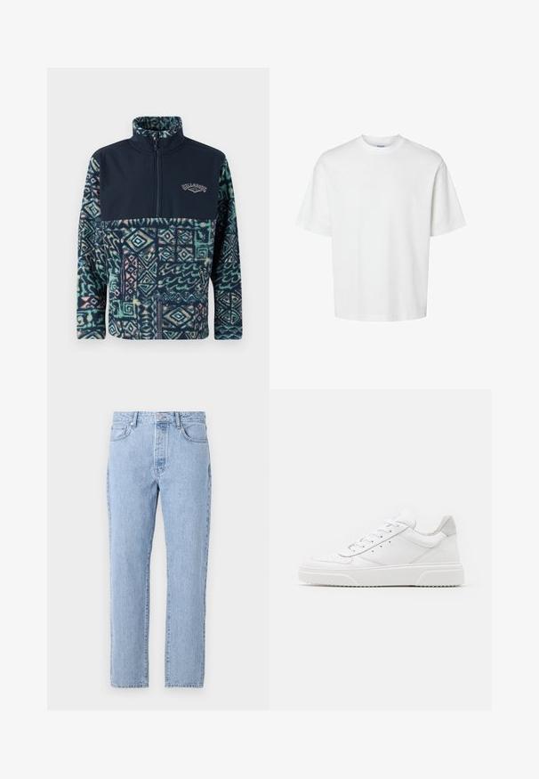 Πούλμαν από φλις με μπλε άνω τμήμα και μοτίβο στο κάτω μισό σε αποχρώσεις του πράσινου, μπλε και ροζ, με φερμουάρ και λεπτομέρεια λογότυπου.; Λευκό μπλουζάκι από βαμβάκι με κοντά μανίκια, στρογγυλή λαιμόκοψη και άνετη εφαρμογή. Λείος υφή χωρίς ορατά σχέδια ή διακοσμητικά στοιχεία.; Ανοιχτό μπλε τζιν παντελόνι με σχεδίαση ίσιας γραμμής, πέντε τσέπες και κλείσιμο με κουμπί. Μαλακή υφή με κλασικό φθαρμένο φινίρισμα.; Λευκά δερμάτινα αθλητικά παπούτσια με απλή επιφάνεια, στρογγυλή μύτη, επίπεδα κορδόνια και ανάγλυφη σόλα. Γκρι σουέτ λεπτομέρεια στη φτέρνα.