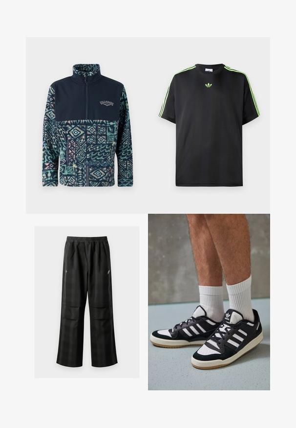 Pull en polaire avec une partie supérieure marine et une partie inférieure à motifs dans des nuances de vert, bleu et rose, avec une fermeture éclair et un détail de logo.; T-shirt noir en tissu lisse avec un col rond, présentant trois bandes vertes sur les épaules et un petit logo vert sur la poitrine.; Pantalons à carreaux noirs avec une taille élastique, deux poches avant et une coupe ample avec une conception à jambe droite. Fabriqués en matériau léger.; Baskets noir et blanc avec une tige en suède et cuir, comportant trois rayures blanches, un bout perforé et une semelle en caoutchouc gum.