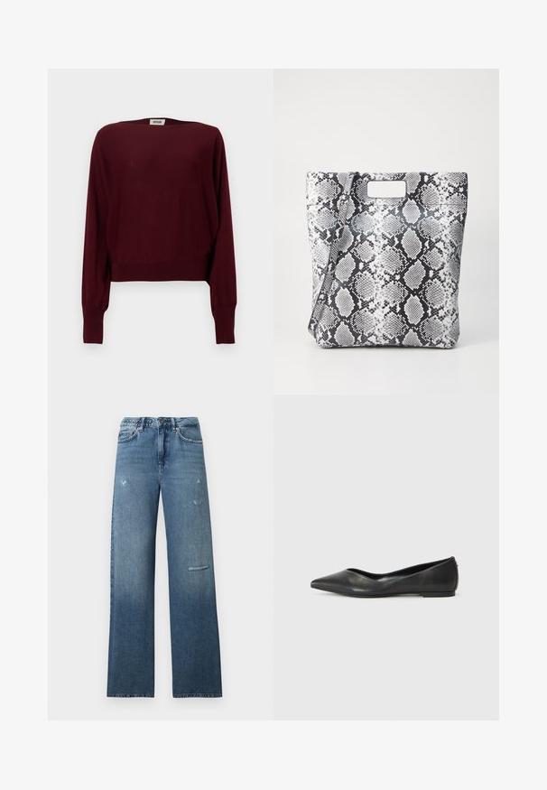 Burgundy long-sleeve sweater made of soft material, featuring a wide neck, ribbed cuffs, and a cropped hemline. Seamless design, plain texture.; Blue denim jeans featuring a straight-fit design, distressed detailing, and a clean hem. The fabric has a slightly faded gradient appearance.; Black leather ballet flat with a pointed toe, low heel, and smooth texture. Minimal design with a subtle side accent.; Black and white snake print tote bag with a rectangular cutout handle, smooth texture, and structured shape. Adjustable strap included.
