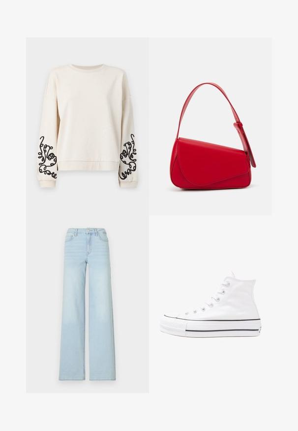 Kreemivärviline kapuutsiga särk ümmarguse kaelusega, langenud õlgadega ja musta abstraktse tikandiga varukatel. Pehme, tekstureeritud kangas.; Heledad sinine lahtine teksapüksid, mis on valmistatud denimist, klassikalise viie tasku disainiga ja ees nupuga kinnitusega. Ees on kerge pleekimine.; Valge kõrgem kangast tenniseking, millel on must kummist tald, ees kummist varvasetugi ja kuus aukku paelte jaoks, pakkudes puhta ja minimalistliku disaini.; Punane nahast käekott, millel on nurkadega geomeetriline disain. Omab ühte reguleeritavat rihma ja klappidega sulgemist, millel on õmblustega kaunistused.