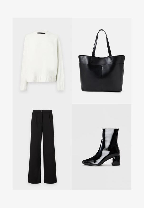 Vit stickad tröja med rund halsringning, ribbade muddar och nederkant. Mjuk textur och avslappnad passform, med nedhasade axlar.; Svarta hög midja vida byxor med framknapp och dragkedja, med subtila veck under midjebandet.; Svart lackankelsko med spetsig tå och fyrkantig klack. Slät yta med högglansig finish, utan synliga dekorationer.; Svart läder tote-väska med två långa handtag, en slät yta och en strukturerad form. Har en framficka för extra förvaring.
