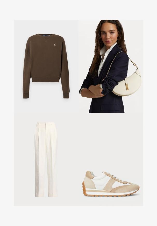 Sudadera de algodón marrón con cuello redondo, mangas largas, puños acanalados y un pequeño logo bordado en el pecho izquierdo. Textura suave.; Polo Ralph Lauren HEMP WIDE LEG PANT - Pantalones - nevis; Lauren Ralph Lauren DANI SUEDE & LEATHER SNEAKER - Zapatillas - snw wht/sand dune/sand dune; Bolso de mano de cuero blanco con forma curva, herrajes dorados y un acabado texturizado, llevado sobre un blazer oscuro y una camisa blanca.