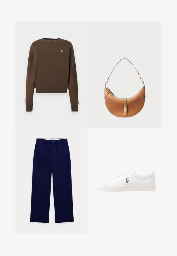 Brūna kokvilnas džemperis ar apaļu kakla izgriezumu, garām piedurknēm, ribota auduma aprocēm un nelielu izšūtu logo kreisajā krūšu daļā. Gluda tekstūra.; Jūras zila taisna kāja bikses ar jostas cilpām, pogu aizdari un sānu kabatām uz vienkārša gaiša fona.; Baltas ādas sporta apavi, zema dizaina, ar gludu tekstūru, noapaļotu purngalu, ar auklēm priekšpusē un nelielu izšūtu logotipu sānos.; Brūnas ādas rokassomi ar izliekta formu, zeltīta aparatūra un plāns plecu siksniņš. Aprīkota ar rāvējslēdzēja aizdari un logo detaļu uz priekšpuses.