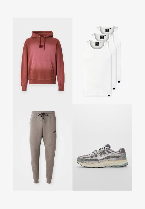 Felpa con cappuccio rossa realizzata in tessuto morbido, con tasca frontale, polsini a costine e un piccolo patch logo sul petto.; Tre canotte bianche a coste in cotone. Presentano un colletto rotondo e piccole etichette nere vicino all'orlo. Disponibile in diverse taglie.; Pantaloni sportivi Nike grigi con cintura regolabile, gambe affusolate, tasche laterali e dettagli di cucitura distintivi. Tessuto morbido e texture.; Scarpa sportiva grigia con tomaia in mesh e suede, dettagli bianchi, suola ammortizzata e un design distintivo con elementi riflettenti.