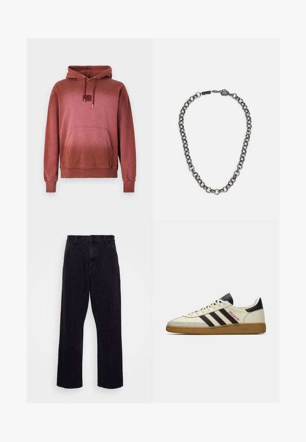 Raudona gobtuvu sportinė striukė, pagaminta iš minkštos medžiagos, su priekinėmis kišenėmis, gumbuotais rankogaliais ir mažas logotipas krūtinėje.; Juodi džinsiniai kelnių modeliai su tiesia kojų forma, turintys sagą ir užtrauktuką, diržo kilpos ir minimalūs siuvimo detalės.; Kreminės ir juodos spalvos Adidas Spezial sportiniai bateliai su guminiais padais, juodomis juostelėmis, raudonais siūlais ir „Spezial“ ženklu šone.; Metalinė grandinėlė su pailgintais saitais tamsiai metalinės spalvos. Yra geometrinis akcentas ir užsegimas su prekės ženklo detale.