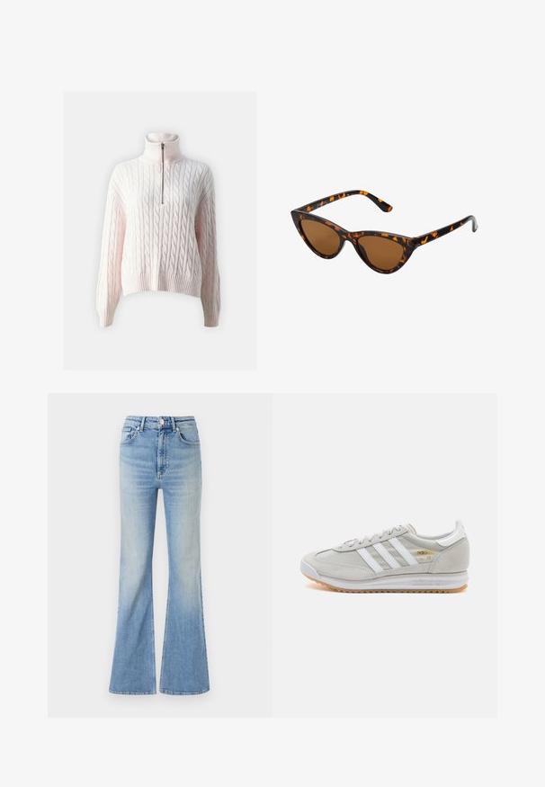 Light pink cable-knit sweater with a high collar, featuring a half zipper and ribbed hem and cuffs. Soft textile with a textured pattern.; Light blue flared jeans made of denim, featuring a high waist, five-pocket design, and subtle gradient fading towards the hem.; Light grey sneaker made of suede and mesh, featuring three white stripes, round toe, and a gum rubber sole. Gold logo accent near laces.; Cat-eye sunglasses with a black and orange tortoiseshell frame, brown lenses, and sleek, pointed tips. Features a minimal logo on the temple.