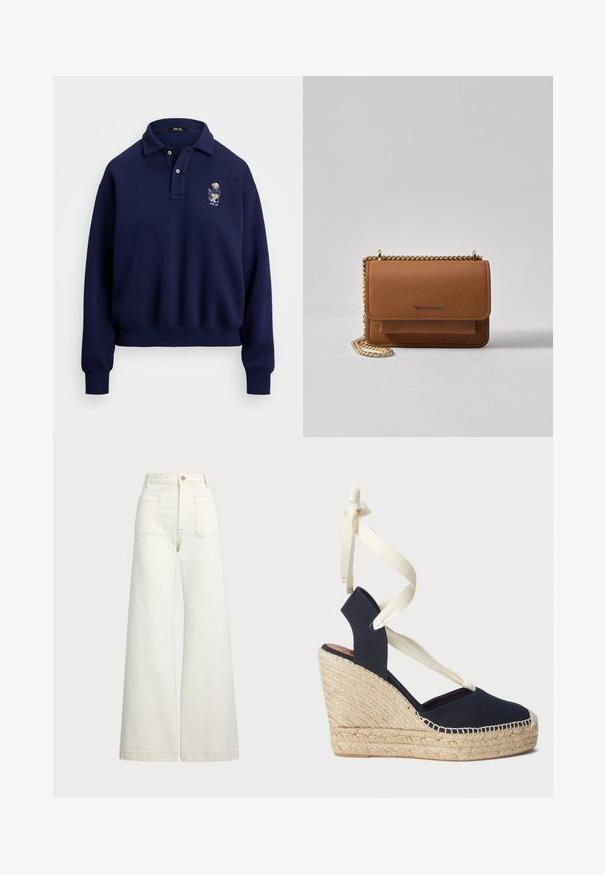 Marineblå polo sweatshirt laget av bomull. Har krage, to knapper og en brodert design på venstre bryst.; Vidde bukser i off-white denim. Høyt liv-design med knappelukking, to frontlommer og kontrastsøm detaljer.; Marine blå lærret kile sandal med jute såle og kremfargede bånd rundt ankelen. Lukket hæl og rund tå-design.; Brun teksturert lær crossover-veske med gullkjede-stropp og klaffelukking. Fronten har logo-detalj og en lomme under klaffen.