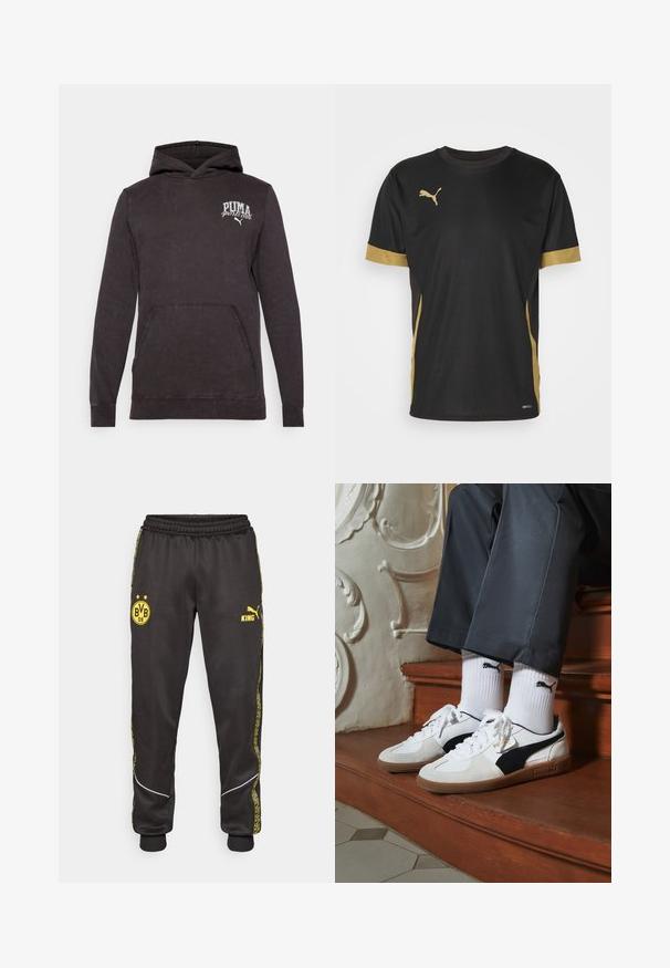 Schwarzer Baumwollhoodie mit einer vorderen Kängurutasche, gerippten Bündchen und einem Logo mit "PUMA Sports Club" in Weiß auf der Brust.; Schwarzes Sport-T-Shirt mit goldenen Akzenten an denÄrmeln und an der Seite. Verfügt über einen Rundhalsausschnitt, kurze Ärmel und feuchtigkeitsableitendes DRYCELL-Gewebe.; Schwarze Sporthose mit gelben Borussia Dortmund BVB 09- und Puma King-Logos, elastischem Bund und gemusterten gelben Seiteneinsätzen.; Puma-Sneaker aus weißem und schwarzem Wildleder mit einer braunen Gummisohle. Kombiniert mit weißen Socken, die ein schwarzes Logo zeigen, getragen zu dunklen Hosen.