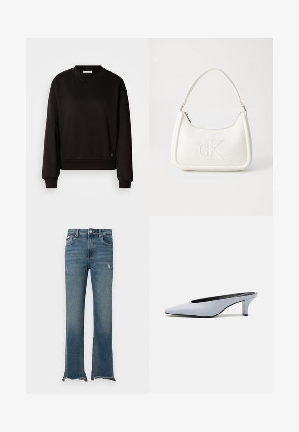 Svart hettegenser laget av mykt stoff med rund hals, lange ermer og ribbestrikkede mansjetter. Har en liten logolapp ved kanten.; Blå denimjeans med lett slitasje, rå frynsete kanter, frontlommer, beltestropper og knappelukking.; Lys blå patentlær mule med spiss tå, lav gjennomsiktig hæl og en elegant design med utskjæring på vampen.; Hvit lærveske med en buet fasong, med et preget "CK"-logo på forsiden og en enkel skulderstropp. Glidelåslukking på toppen.