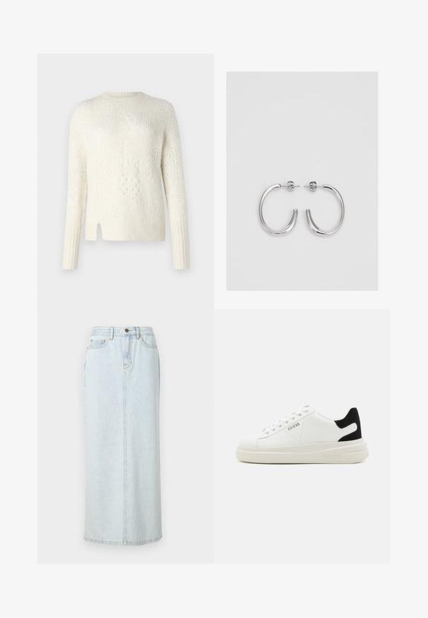 Suéter ligero de color crema con patrones texturizados, puños acanalados y una abertura lateral. Hecho de un material suave y de punto.; Falda maxi de mezclilla azul claro con diseño recto, cierre de botones en la parte frontal y costuras visibles. Cuenta con dos bolsillos frontales.; Zapatillas blancas de cuero con una suela blanca gruesa, acento en el talón de ante negro y logo grabado en el lateral. Diseño de cordones con seis ojales.; Aros de plata en forma de aro con un acabado liso y brillante. Diseño redondeado y ligero, con cierre de tipo post-back.