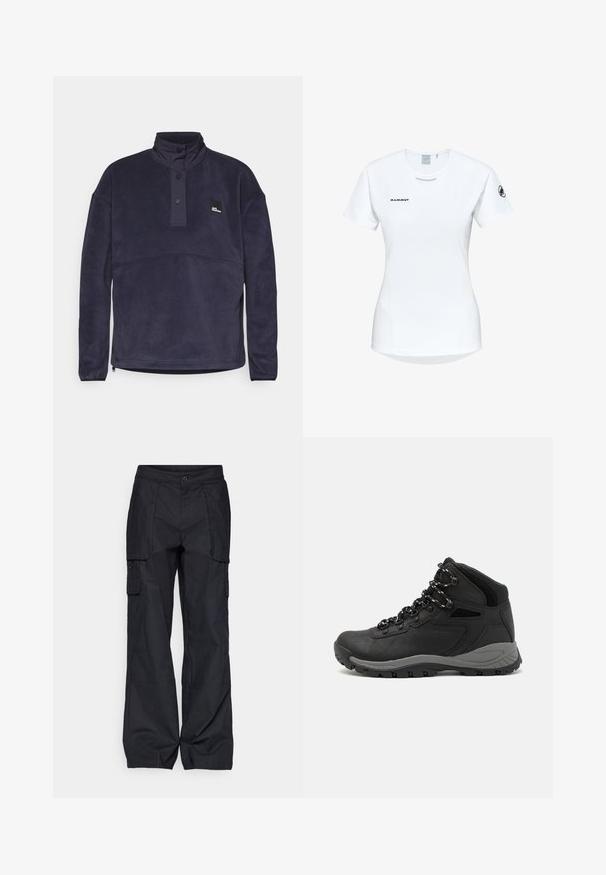 Marineblaue Fleece-Pullover mit hohem Kragen, halber Knopfleiste und Logo-Patch. Verfügt über eine weiche Textur und ein gerades Design.; Kurzärmliges weißes Sportshirt mit Rundhalsausschnitt, das ein Logo auf der Brust und eine glatte, leichte Stofftextur aufweist.; Columbia BREA FALLS™ COTTON RIPSTOP PANT - Outdoor-Hose - black; Schwarzer Wanderstiefel mit einem mittelhohen Design, ausgestattet mit einer strukturierten Oberfläche, grauen Akzenten und einer robusten Gummisohle mit Profilstollen.