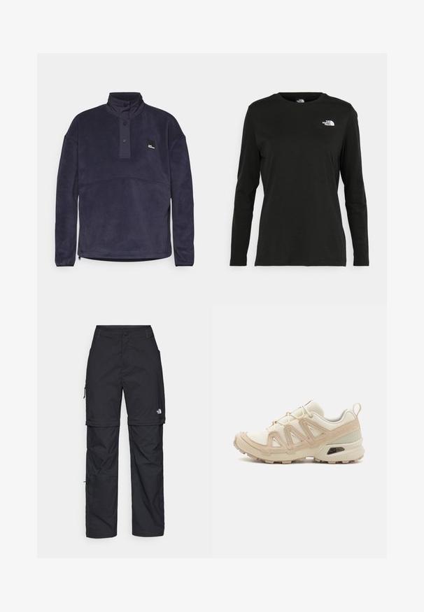 Námořnický fleecový pulovr s vysokým límcem, polo-gombíkovým zapínáním a logem. Má jemnou texturu a rovný střih.; Černé tričko s dlouhým rukávem vyrobené z bavlny s kulatým výstřihem. Na levé části hrudi se nachází malé bílé logo. Jednoduchý design a střih.; Černé nylonové cargo kalhoty na zip s nastavitelnými manžetami, několika kapsami a logem na pravé noze. Hladká, lehká textura.; Béžová a krémová sportovní obuv s texturovaným síťovaným svrškem, podpůrnými překryvy a gumovou podrážkou s dezénem pro lepší přilnavost.