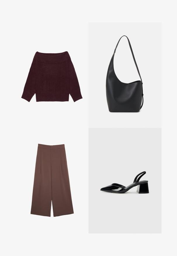 Bordový sveter s očami na ramenách, s rebrovaným výstrihom a manžetami, ľahkou pletenou textúrou a voľným, krátkym strihom.; Hnedé nohavice so širokými nohavicami a hladkou textúrou, s vysokým pásom a prednými skladmi. Tkanina je ľahká a voľne sa pohybuje.; Čierne lakované kožené sandálové podpätky s špicatou špičkou a geometrickým blokovým podpätkom. Disponujú elegantným, minimalistickým dizajnom a hladkým povrchom.; Čierna kožená hobo taška so hladkou textúrou, zakriveným tvarom a jedným nastaviteľným popruhom; má široké otvorenie na vrchu.