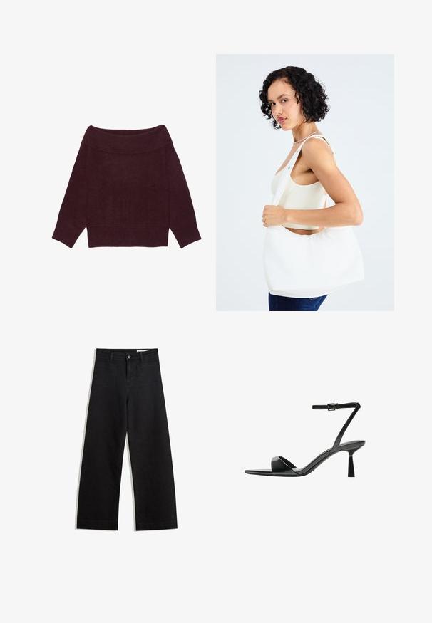 Pulover bordo cu decolteu pe umeri, cu guler și manșete striate, textură tricotată ușoară și croială lejeră, scurtă.; Pantaloni din denim negri cu picioare largi, cu talie înaltă, având buzunare frontale și posterioare, cusături dublate și închidere cu nasture. Textură netedă.; Bershka Sandale cu toc - black; Geantă albă pentru umăr, realizată dintr-un material neted, cu o decupare ovală și un design cu bretele late. Simpatică și modernă, fără hardware vizibil.